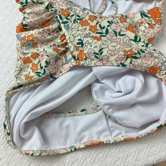 Women's 2XL XXL Orange White Floral Open Back One Piece Swimsuit Swimwear Frill - Picture 12 of 13